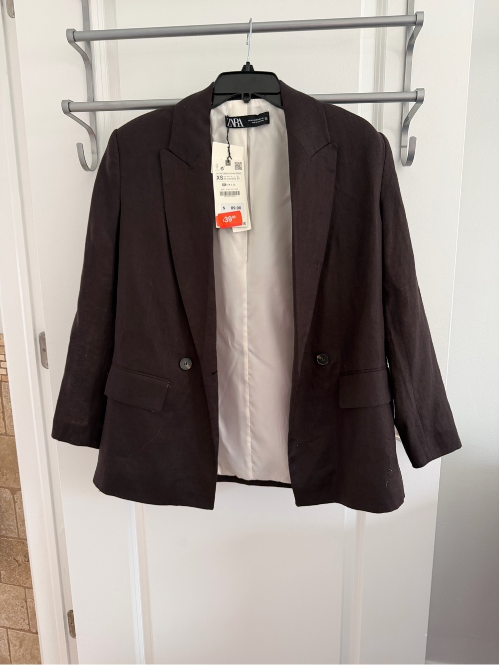 Zara Dark Brown Linen-Blend Double-Button Blazer